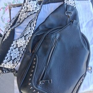 Black Studded Crossbody Sling Bag with Patterned Strap